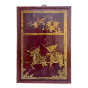 Vintage Chinese Wood Copper Color Warriors Scenery Wall Plaque Panel