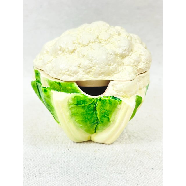 Green Vintage Majolica Style Cauliflower Condiment Jar With Spoon For Sale - Image 8 of 11