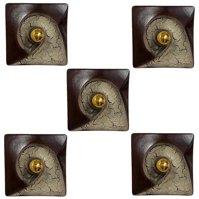 Brown beige square ceramic wall lights in fat lava style. Manufactured by hustadt leuchten keramik, germany in the 1970s....