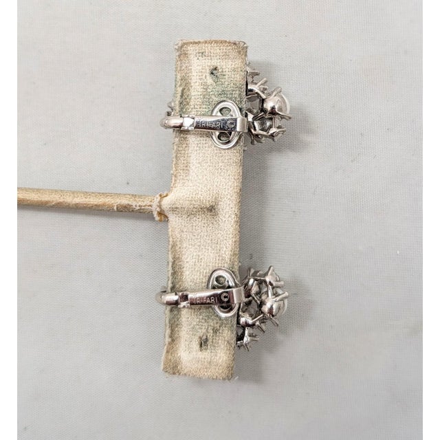 1950s Vintage Signed Crown Trifari Rhodium Plated Mabe Pearl & Clear Rhinestone Clip Earrings-2 Pieces For Sale - Image 5 of 8