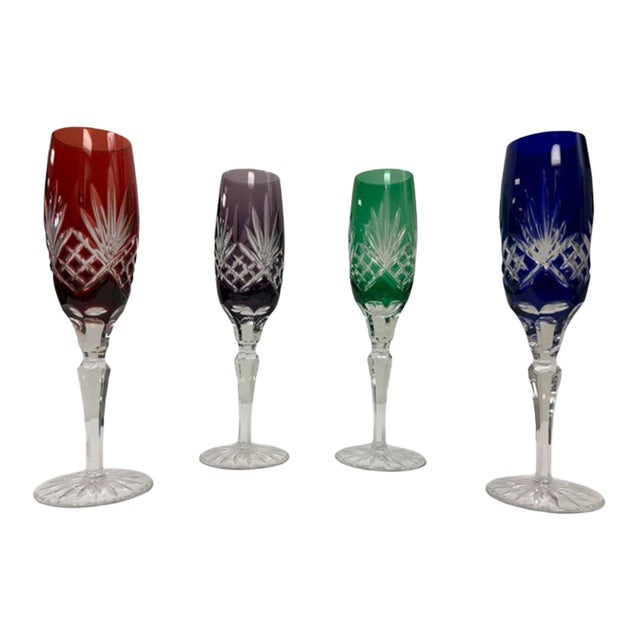 Late 20th Century Mid-Century Modern Hungarian Ajka "Caroline" Cut-to-Clear Crystal Champagne Flutes - Set of 4 For Sale
