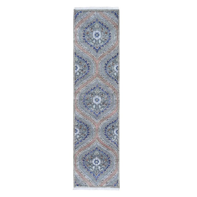 Textile 2010s Gray Real Silk With Textured Wool Mughal Design Hand Knotted Runner Oriental Rug For Sale - Image 7 of 7