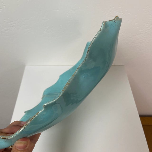 Aqua Vintage Leaf-Shaped Ceramic Dish in Aqua Glaze With Gold Splatter Trim – Midcentury Modern Style For Sale - Image 8 of 8
