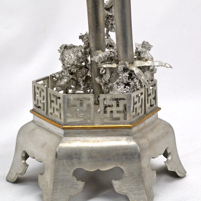 Pair Chinese Mixed-Metal Pewter Crane Sculptures Candlesticks For Sale - Image 10 of 12