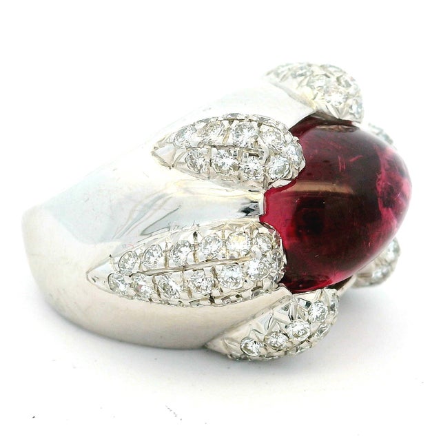 Metal 1970s Italian 18k White Gold Rubellite and Diamond Sculptural Statement Ring, Size 7 For Sale - Image 7 of 11