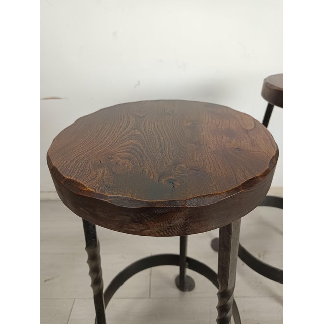 Brutalist Bar Stools in Elm and Wrought Iron, 1950s, Set of 2 For Sale - Image 6 of 14