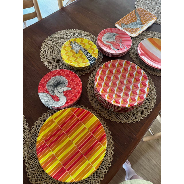 Pink West Elm Melamine Plates With Colorful Geometric Prints & Animal Illustrations by Artist Rachel Kozlowski From 2013 Collaboration - Set of 35 For Sale - Image 8 of 10