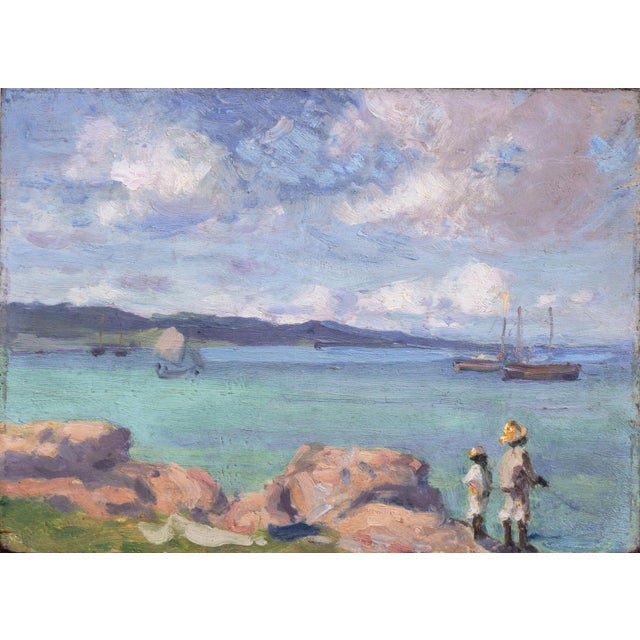 A bright and airy Post-Impressionist oil landscape showing a view of a serene island vista. Two fishermen use the clear...