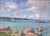 A bright and airy Post-Impressionist oil landscape showing a view of a serene island vista. Two fishermen use the clear...
