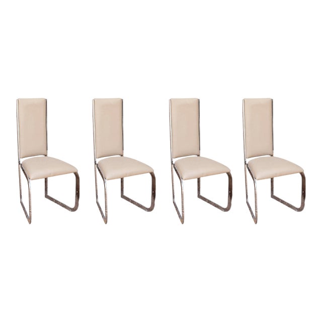 Set of 4 Milo Baughman Style Chrome & Leather Dining Chairs For Sale