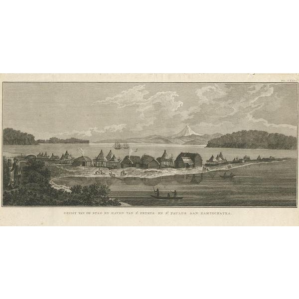 Antique print titled "View of the City and Harbor of St. Peter and St. Paul on Kamchatka." This print depicts the harbor...