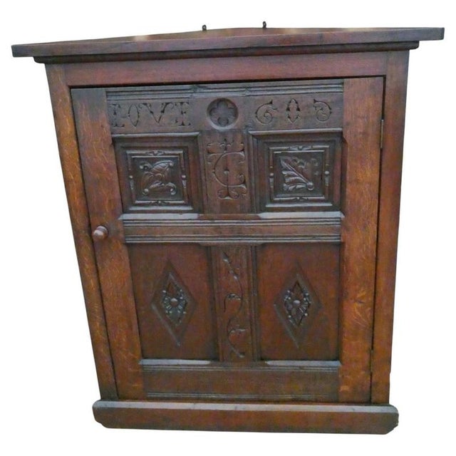 Antique Victorian Gothic Revival Oak Wall-Hanging Corner Cupboard, 1840 For Sale - Image 18 of 18