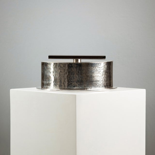 Large Circular Box in Hammered Silver-Plated Metal, 1950, in Very Good conditions. Designed 1950 to 1959 This piece has an...