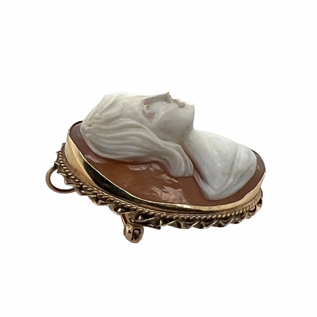 Vintage 14k Gold High Relief Carved Shell Cameo Pin / Pendant For Sale - Image 4 of 8
