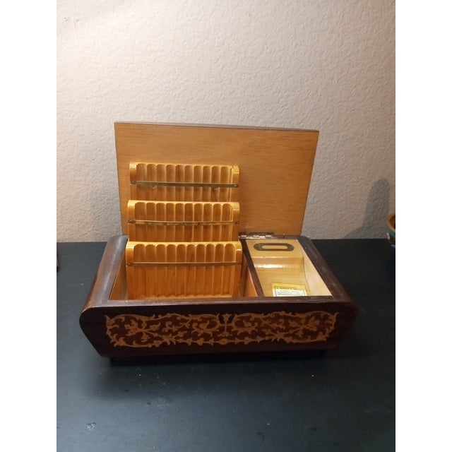 Italian 1940s Miners Wood Marquetry Cigarette Reuge Musical Box Made in Italy For Sale - Image 3 of 7