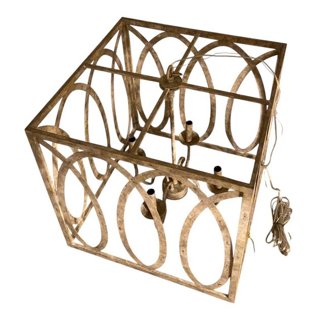 Terracotta Designs Palma Linear Large Lantern Chandelier – Square Open-Frame, Distressed Gold, With 4 Lights For Sale - Image 4 of 10