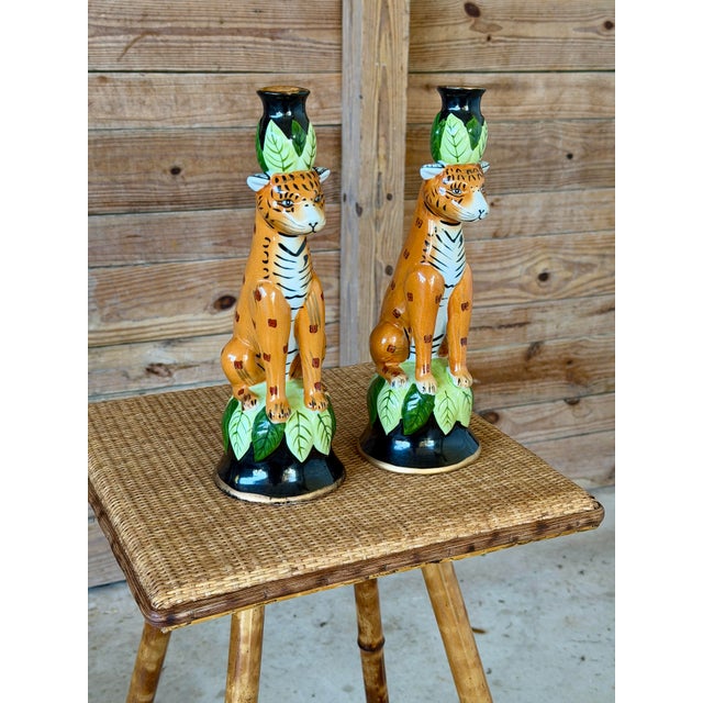 Chocolate Vintage Regency Leopard Figural Ceramic Candlestick Holders Manner of Lynn Chase-Pair For Sale - Image 8 of 12