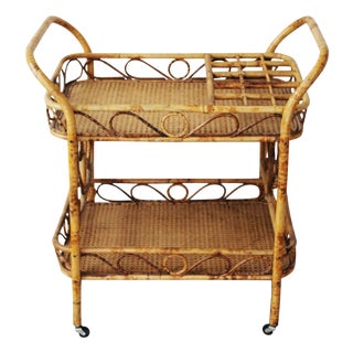 Tortoise Shell Style Rattan and Caning Bar Cart For Sale