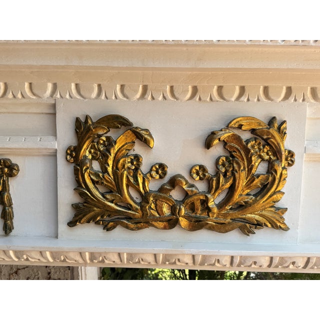 Mid 20th Century Monumental Hand-Carved Louis XVI Style White & Gilt Architectural Fireplace Mantel, Solid Wood, 83”w For Sale - Image 5 of 16