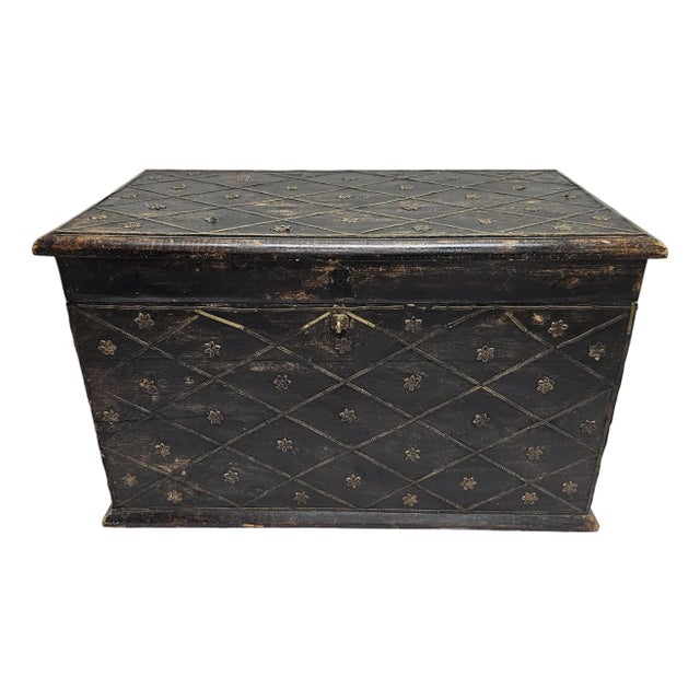 Mid 20th Century Solid Painted Wood and Ornate Metal Mounted Strongbox For Sale