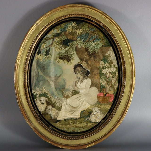 Pair Silkwork Embroidered Pictures of Shepherd & Shepherdess For Sale - Image 9 of 18