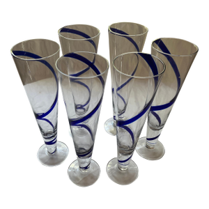 1980s Post Modern Cobalt Blue Swirline Glass Flutes - Set of 6