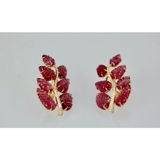 Rubellite Carved Leaf 14k Earrings - 2 Pieces For Sale - Image 4 of 5