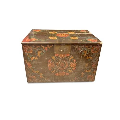 Asian Hand Painted Floral Tibetan Trunk is made out of elm wood. It has handle on each side, easy to carry. It can be use...