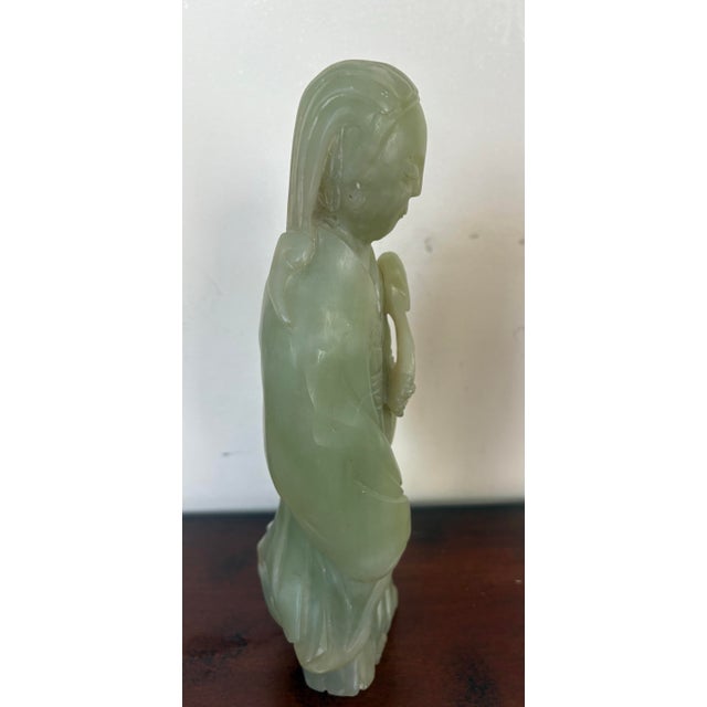 Green Vintage Mid Century Chinese Carved Guanyin Serpentine 9” Stone Statue For Sale - Image 8 of 12