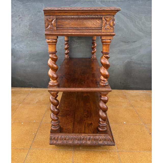 1930s Carved Oak Barley Twist Console Table With Shelves For Sale - Image 5 of 14