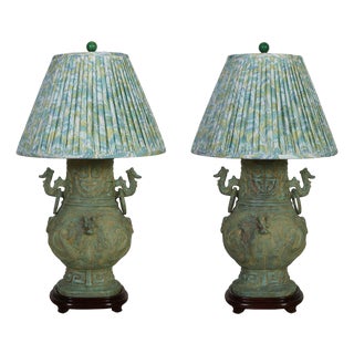 Late 19th Century Bronze Chinoiserie Lamps With Dragon Handles and Rosewood Base - a Pair For Sale