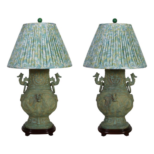 Late 19th Century Bronze Chinoiserie Lamps With Dragon Handles and Rosewood Base - a Pair For Sale