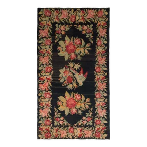 Vintage Bessarabian Kilim Black Green and Pink Romanian Wool Flat Weave Rug