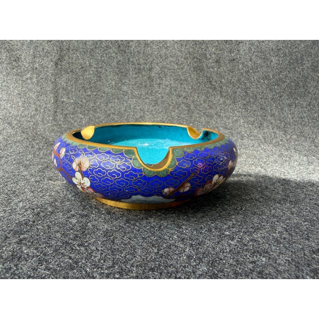 Boho Chic Vintage Blue Floral Cliosonne Catchall For Sale - Image 3 of 9