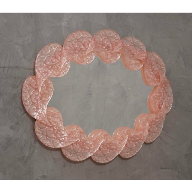 Pink Mid-Century Italian Oval Pink Murano Glass and Brass Wall Mirror, 2000s For Sale - Image 8 of 10