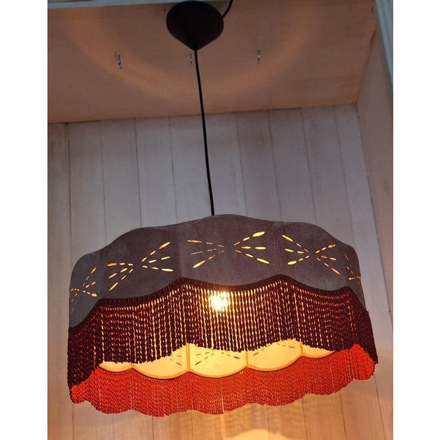 1970s Vintage Pendant Lamp with Hand-Stitched Red Velour Leather Shade, 1970s For Sale - Image 5 of 7