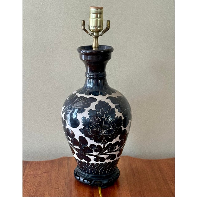 Mid 20th Century Mid 20th Century Cizhou Vase Lamp on Wooden Stand For Sale - Image 5 of 8