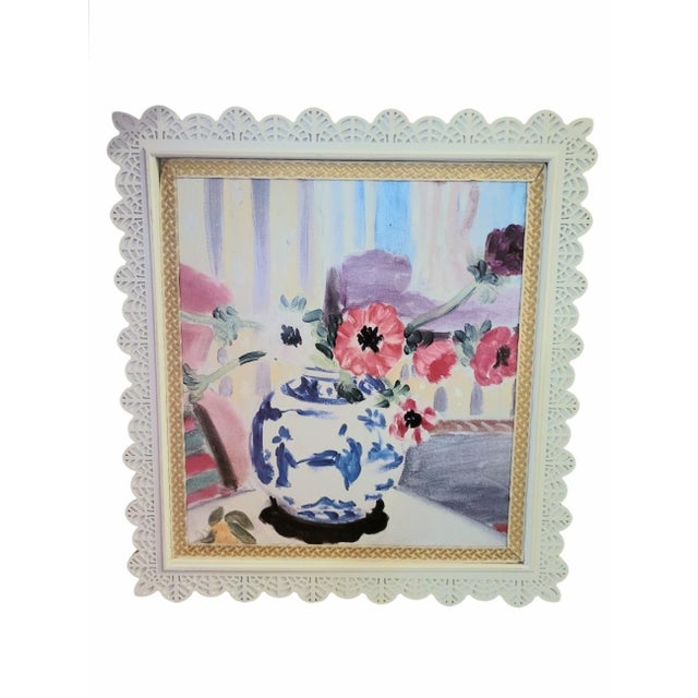 White Custom Made Chinoiserie Scalloped Lace Wood Carved Framed Blue White Ginger Jar Wall Framed Print Art For Sale - Image 8 of 9