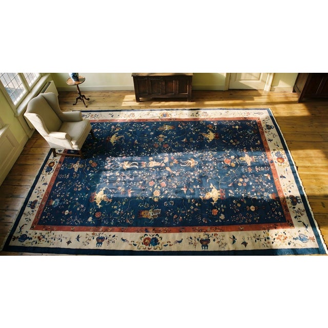 1920s Blue Floral Modern Antique Chinese Art Deco Rug 14' X 23' Handknotted Wool Carpet For Sale - Image 9 of 9