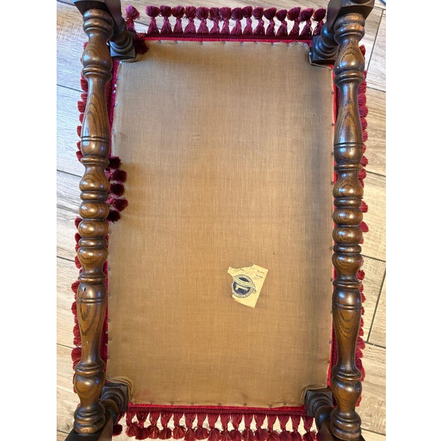 American Vintage American Furniture Company Upholstered Vanity Bench With Turned Legs and Tassel Trim For Sale - Image 3 of 12