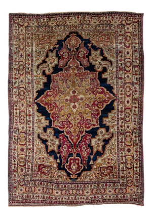 Antique Kerman Handmade Red and Blue Floral Medallion Motif Wool Rug