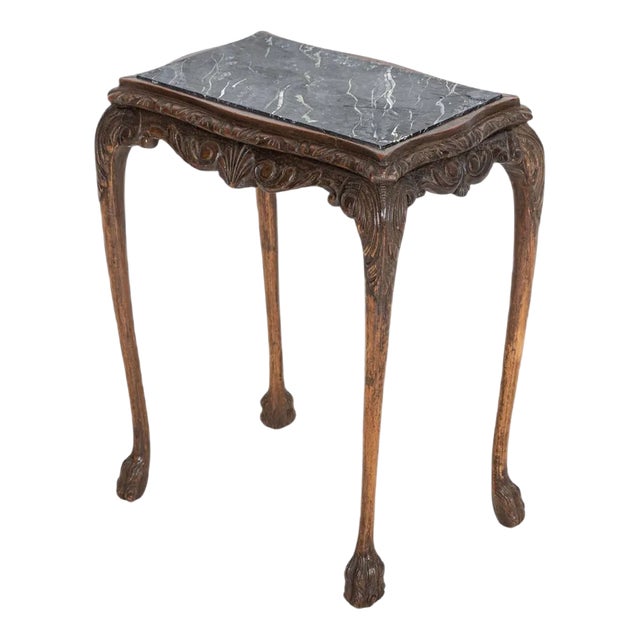 English Oak & Faux Marble Lion Paw Side Table For Sale