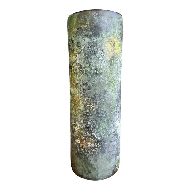 Vintage Murano Scavo Corroso Glass Cylinder Vase Acid Green and Yellow For Sale