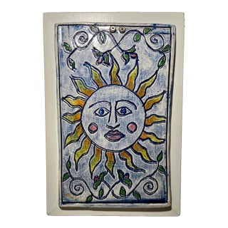 Vintage Handmade Ceramic Sun Wall Plaque Mid Century Art Decor For Sale