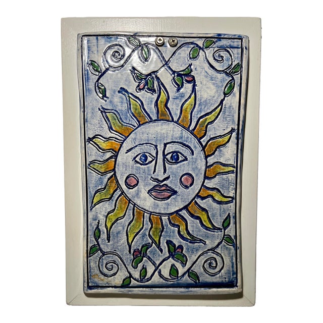 Vintage Handmade Ceramic Sun Wall Plaque Mid Century Art Decor For Sale