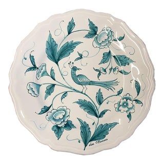 Les Ottomans Birds Handpainted Dinner Plates in Blue, Set of 4 For Sale