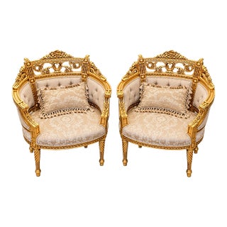 French-Inspired Louis XVI Armchairs – Beige Damask, Tufted Back & Ornate Gold Leaf Frames | Set of 2 For Sale