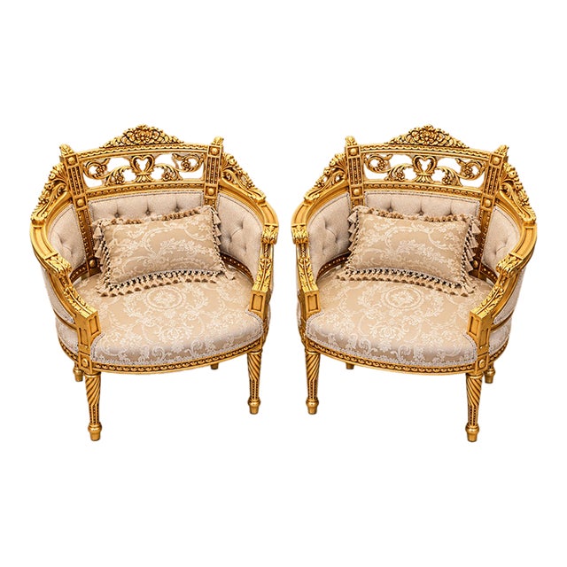 French-Inspired Louis XVI Armchairs – Beige Damask, Tufted Back & Ornate Gold Leaf Frames | Set of 2 For Sale