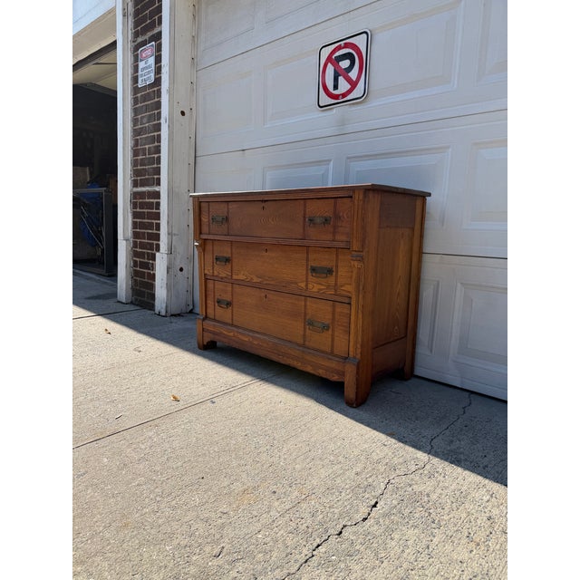Antique Victorian Eastlake Oak Three-Drawer Chest With Incised Detail and Brass Hardware For Sale - Image 12 of 12
