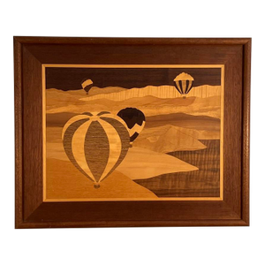 Vintage Marquetry Wood Inlay Art – Hot Air Balloons Landscape Scene